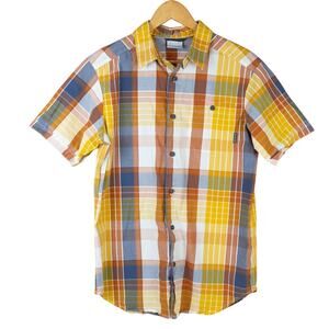 Columbia Regular Fit Short Sleeve Button Down Plaid Shirt Gold Brown White Small